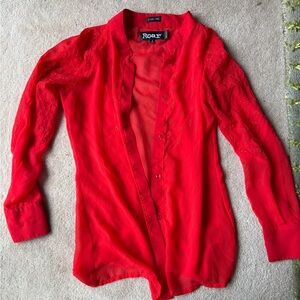 Roar Electric Mimic Blouse Womens Small Red Sheer Button Up Embroidered Top